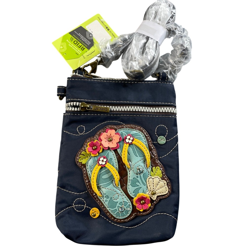NWT Chala Navy Blue Nylon Flip Flop Applique RFID Crossbody Cell Phone Purse